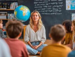 Teacher engaging with students seated in circle, classroom setting. photo