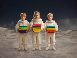 Children in spacesuits holding colorful books on lunar surface photo