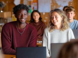 Group of diverse students smiling in a classroom setting. photo