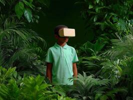 Child explores virtual jungle world with VR headset, lush greenery. photo