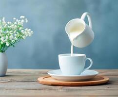 White cup with cream pouring out of it photo