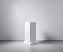 Minimalist white pedestal in an empty, well-lit room. photo