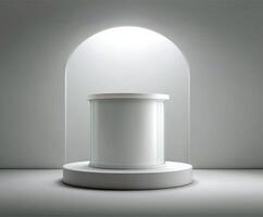 Minimalistic showcase with white arch and display platform photo