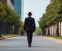 man in a Black Suit and Tie with a hat on and black slacks walking away from the camera photo