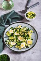 Appetizing mix of cucumbers, eggs and chives on a plate on the table vertical view photo