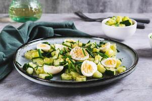 Fresh salad of cucumbers, quail eggs and green onions on a plate on the table photo