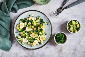 Fresh salad of cucumbers, quail eggs and green onions on a plate on the table top view photo