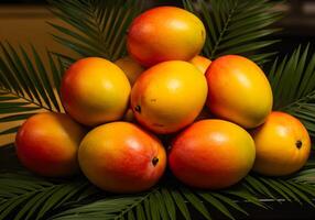 Mango Fruit Pile with Palm Leaf photo