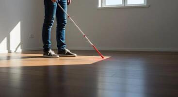 Person with White Cane Walking in Room photo