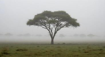 Tree in Foggy Field Landscape photo