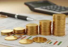 Gold Coins on Chart with Pen and Calculator photo