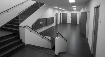 Hallway with Stairs and Mailboxes photo