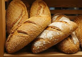 Fresh Bread Loaves on Wooden Shelf photo