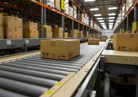 Box on Conveyor Belt in Warehouse photo