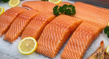 Fresh Salmon Fillets on Ice with Lemon and Parsley photo