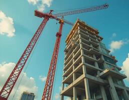 Construction Site with Crane and Building Under Construction photo