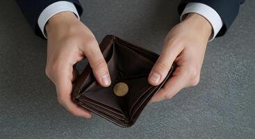 Empty Wallet with Euro Coin Held by Hand photo