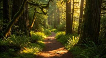 Forest Path with Sunlight and Ferns photo