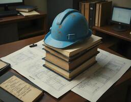 Hard Hat on Books with Blueprints on a Desk photo
