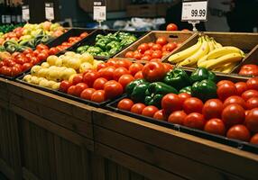 Fresh Produce Tomatoes, Peppers and Bananas in Grocery Display photo