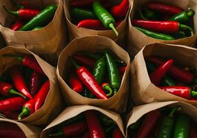Red and Green Chili Pepper in Brown Paper Bags. photo