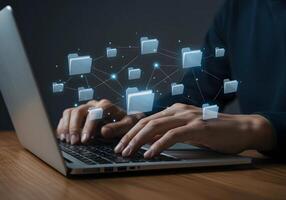 Laptop Folder Network Data Transfer Concept photo