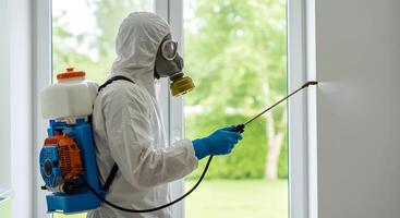 Pest Control Worker Sprays Wall in White Suit and Gas Mask photo