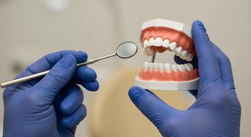 Jaw Model and Dental Mirror in Gloved Hands in Dental Setting photo