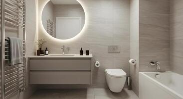 Modern Bathroom Interior with Round Mirror and Gray Vanity photo