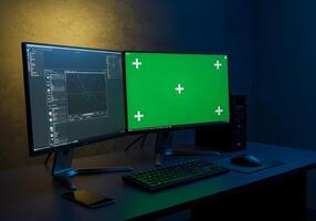 Computer with Green Screen and Data Chart photo