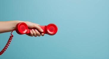 Red Telephone Receiver in Hand on Blue Background photo