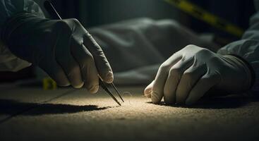 Fiber Collection at Crime Scene with Gloved Hands and Tweezers photo