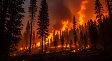 Forest Fire Raging in Night Landscape photo