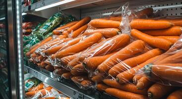 Carrots in Plastic Bags on a Supermarket Shelf photo