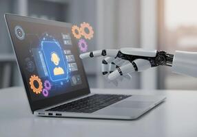 Robot Hand Interacting with Laptop Display Showing Customer Service Icon photo