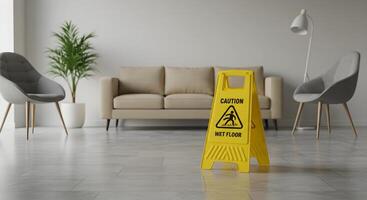 Yellow Wet Floor Sign in a Modern Room photo