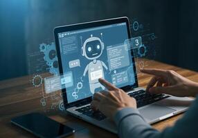 Robot Chatbot on Laptop Screen Interacting with User photo