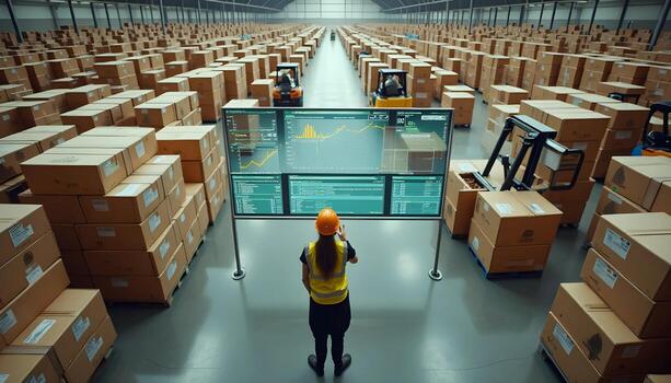 Warehouse Worker Analyzing Data on Screen in Distribution Center photo