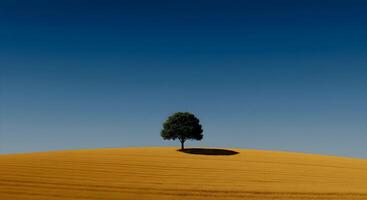 Lone Tree on Golden Field Under Blue Sky photo