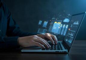 Person Uses Laptop with Cloud and Folder Graphic photo