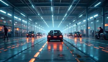 Automobile Assembly Line with Person and Futuristic Lighting photo