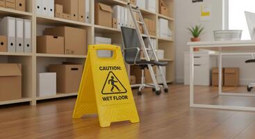Yellow Wet Floor Sign in Office photo