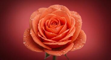 Orange Rose with Water Droplets on Red Background photo