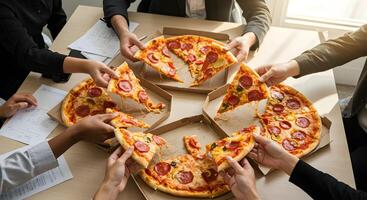 Pizza Slices Being Grabbed From Boxes by Multiple Hands photo