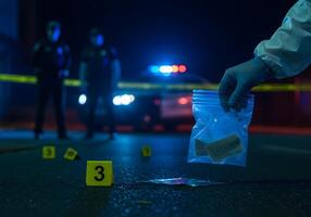 Crime Scene Evidence Being Collected by Gloved Hand at Night photo