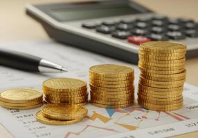 Coin Stack on Financial Chart with Pen and Calculator photo