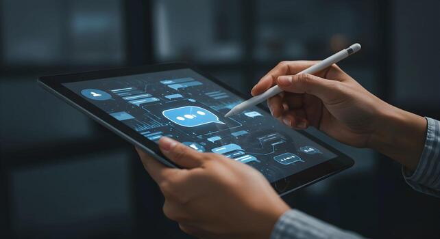 Tablet with Message Bubble and Stylus photo