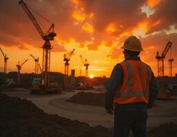 Construction Worker at Building Site with Cranes at Sunset photo