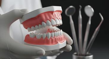 Dental Model Held by Gloved Hand with Dental Tools photo