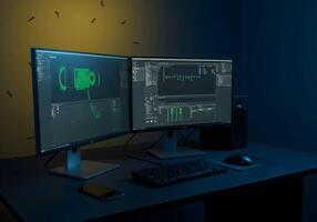 Dual Monitors Displaying Software on Desk photo